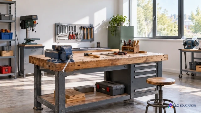Un atelier de formation public rénové, représenté par un établi et ses outils sans inscription.