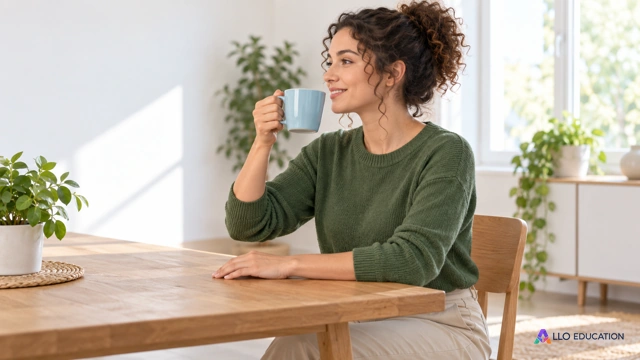 Une adulte fictive assise soulève une tasse unie avec l’avant-bras dans un espace lumineux et calme.