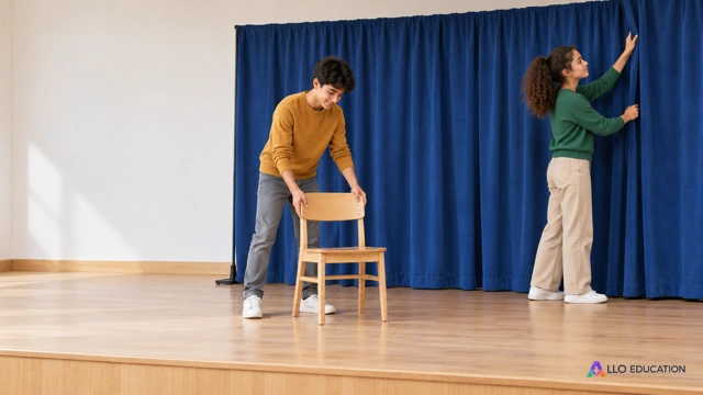 Deux adolescents fictifs installent un rideau uni et une chaise sur un petit plateau de théâtre lumineux.
