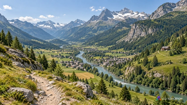 Vue d’une vallée alpine fictive avec rivière, bourg, prairies, versants boisés et sentier : des milieux et des espaces habités coexistent dans un même paysage.