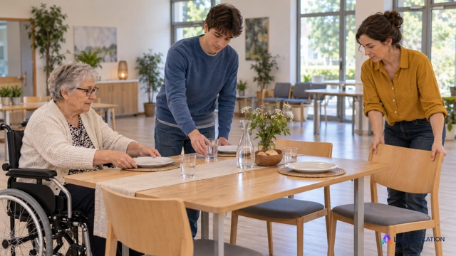 Dans une salle associative contemporaine lumineuse, trois adultes fictifs d’âges variés préparent ensemble une table pour un repas partagé : une femme âgée assise dans un fauteuil 