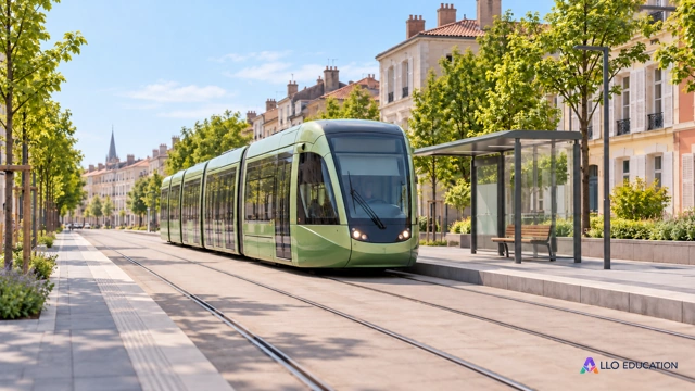 Un tramway sans marque roule sur ses rails dans une rue française dégagée, avec un quai visible et des bâtiments modestes, sans panneau ni inscription.