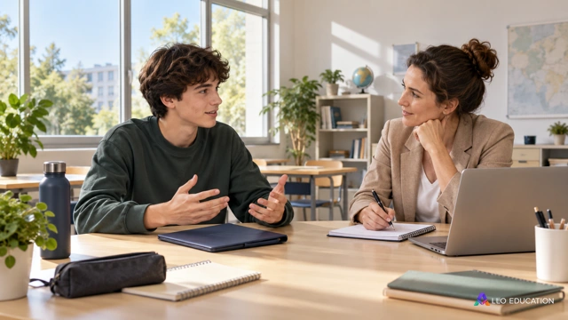 Un élève fictif prépare calmement une présentation orale avec une enseignante dans une salle de lycée lumineuse ; dossier fermé uni, mains visibles, aucun tableau écrit, aucune ima