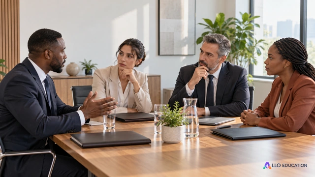 Quatre représentants fictifs adultes discutent dans une salle institutionnelle sobre et lumineuse, dossiers fermés ou retournés sur une table, aucun drapeau, nom, responsable réel 