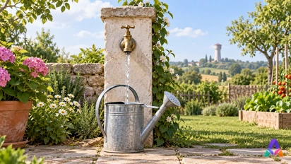 Un robinet et un arrosoir dans un jardin, avec un château d’eau au loin.