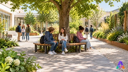 Un banc sous un arbre, près d’une allée et d’une zone plantée : les aménagements répondent à des usages.
